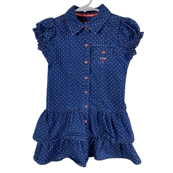 Guess Other - Guess Jeans Denim Dress Girls Size 5 Button Up Ruffle Hem Polka Dot Y2K Retro